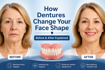 before and after face shape change with dentures showing improved jawline and facial support