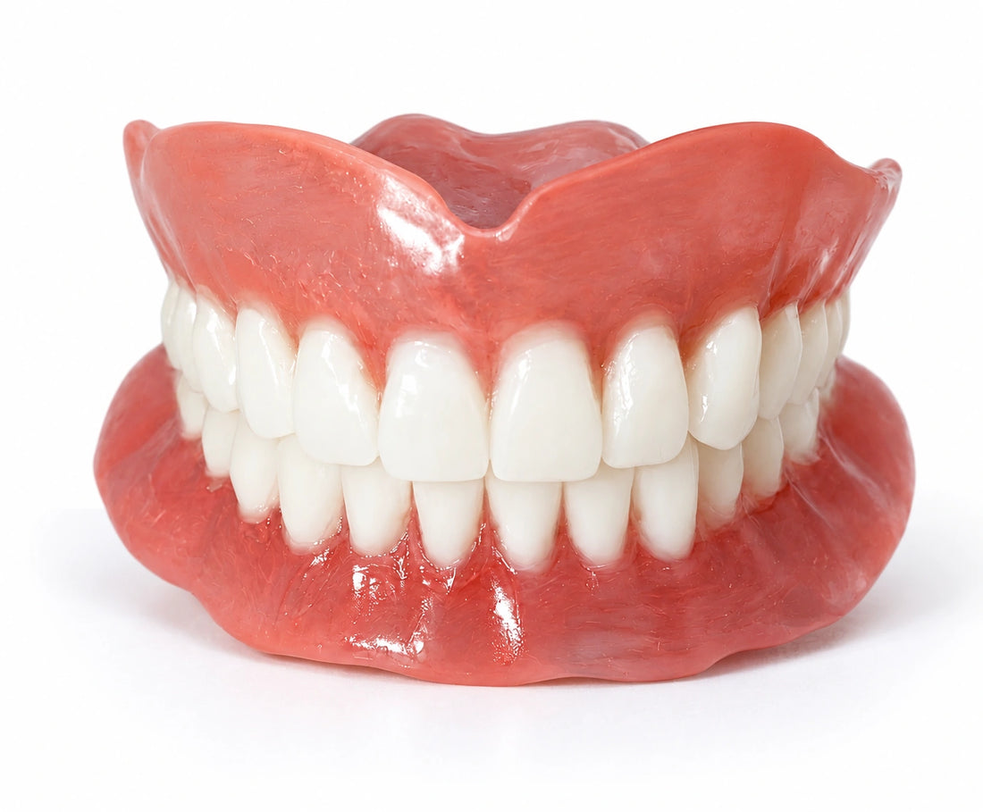 Affordable custom ThermoPlas flexible full arch denture available online.