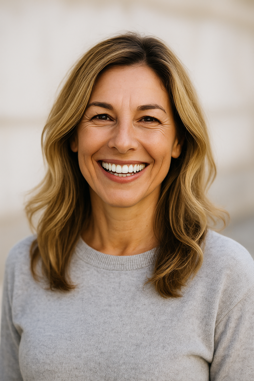Lifestyle photo of a happy customer smiling confidently with custom dentures